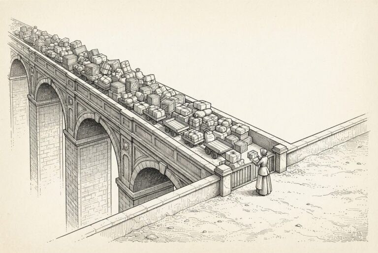 Monochrome pen-and-ink engraving of an ornate aqueduct-like goods-way jammed with crates and carts flowing toward a small checkpoint gate, where one shopper stands with a raised hand inspecting a single parcel; the receiving yard beyond the gate is conspicuously empty.