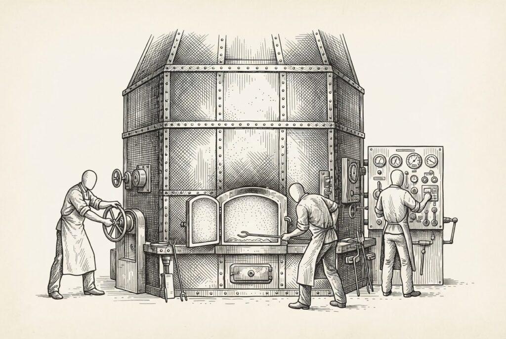 A pen-and-ink engraving of a massive industrial furnace with faceless figures operating its controls - the GPU landlord building the infrastructure where agents work