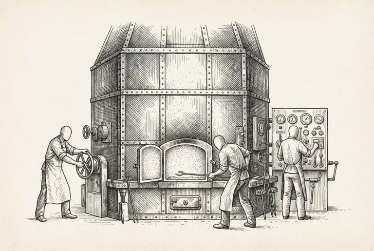 A pen-and-ink engraving of a massive industrial furnace with faceless figures operating its controls - the GPU landlord building the infrastructure where agents work