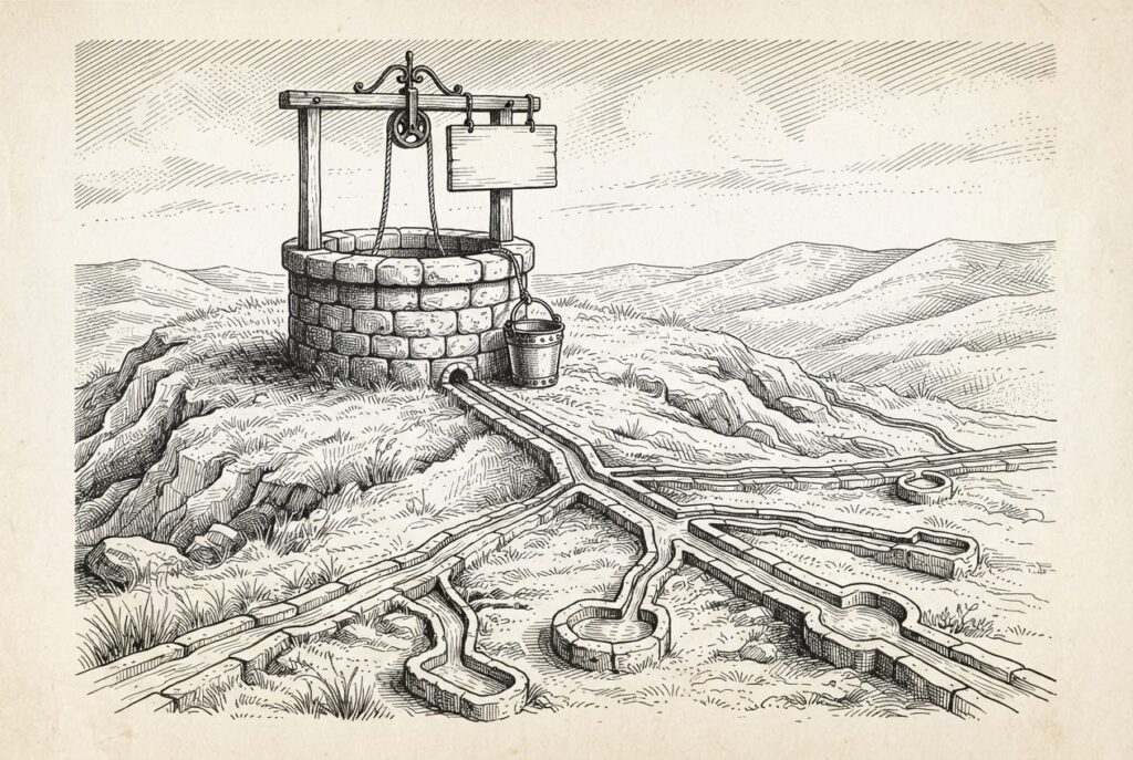An engraved hilltop stone well with a blank placard and narrow stone channels fanning downslope to many small troughs, representing the prefixes and re-reads of model caching.