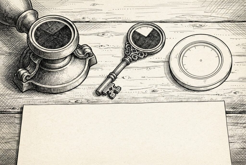 Three distinct objects arranged horizontally - a wax seal press, a skeleton key, and a flat disc - each containing a circular gauge or dial face. The seal's gauge is full, the key's gauge is three-quarters filled, the disc's gauge is empty. Below, a plain sheet of paper lies flat. Spend limits are being built into payment instruments while the merchant contract stays unchanged.