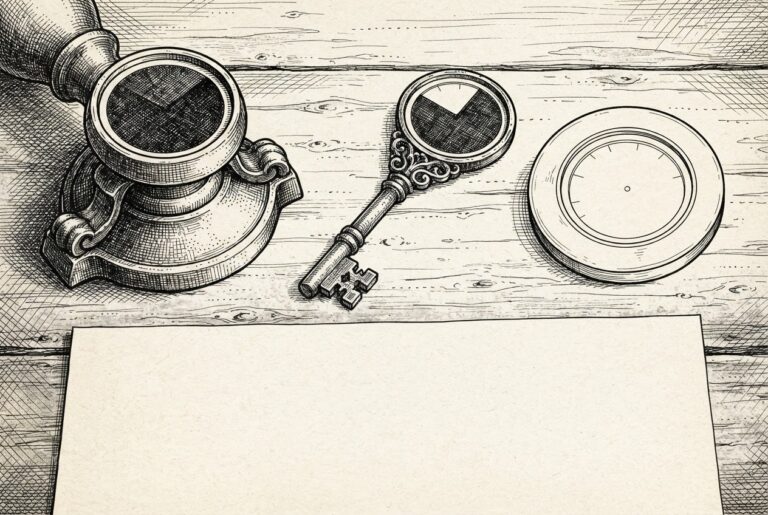 Three distinct objects arranged horizontally - a wax seal press, a skeleton key, and a flat disc - each containing a circular gauge or dial face. The seal's gauge is full, the key's gauge is three-quarters filled, the disc's gauge is empty. Below, a plain sheet of paper lies flat. Spend limits are being built into payment instruments while the merchant contract stays unchanged.