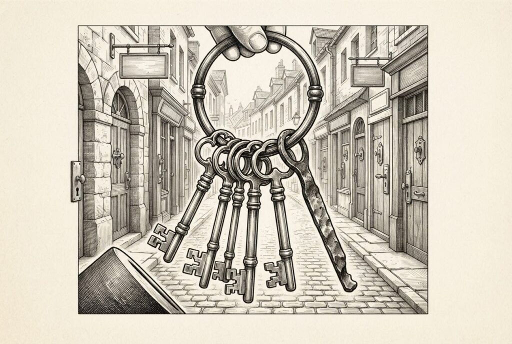 Monochrome pen-and-ink engraving of an ornate iron key ring holding several precisely cut skeleton keys and one crude forged shim, held before a receding row of mismatched merchant door locks and shopfronts.