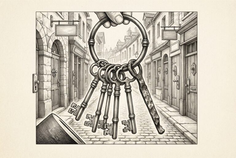 Monochrome pen-and-ink engraving of an ornate iron key ring holding several precisely cut skeleton keys and one crude forged shim, held before a receding row of mismatched merchant door locks and shopfronts.