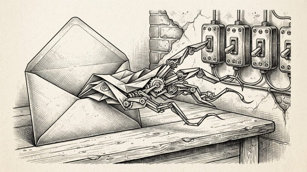 Monochrome pen-and-ink engraving of an open envelope on a desk, its paper folds transforming into thin mechanical fingers reaching toward a row of switches on a wall - passive documents becoming active agents that execute commands