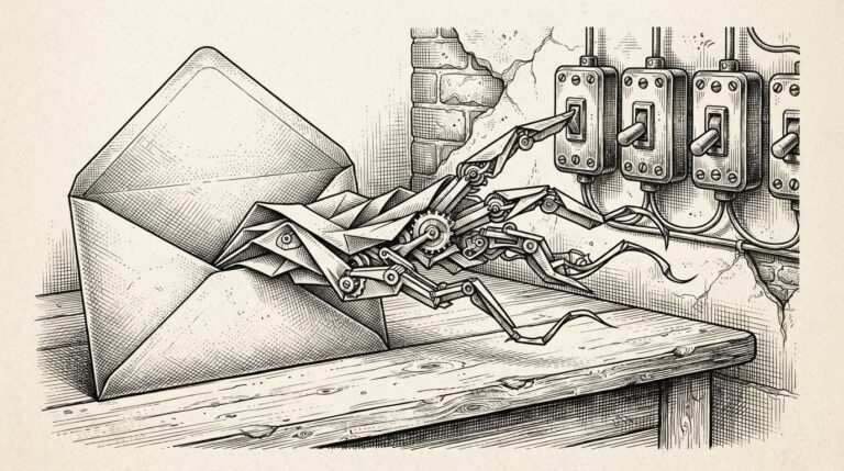 Monochrome pen-and-ink engraving of an open envelope on a desk, its paper folds transforming into thin mechanical fingers reaching toward a row of switches on a wall - passive documents becoming active agents that execute commands