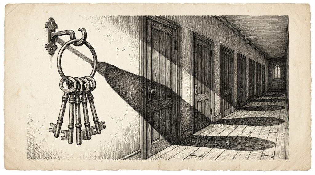 A pen-and-ink engraving of a ring of identical brass keys on a wall hook, each key casting a shadow that opens every door in a corridor