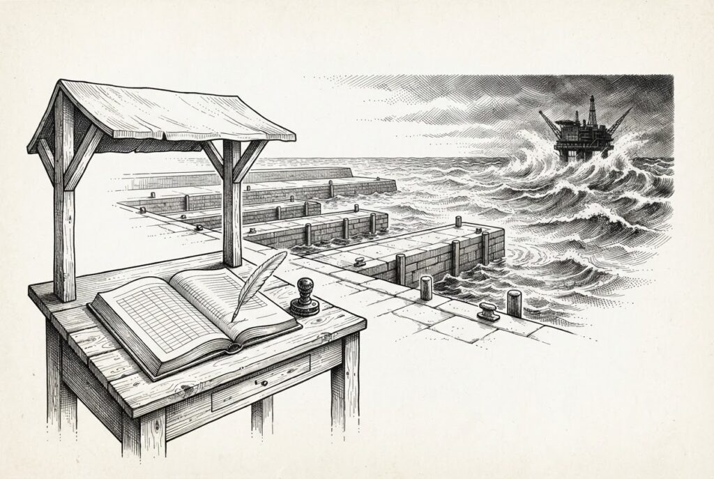 Pen-and-ink engraving of an unsigned registry ledger and quill on a pier desk, empty harbor berths with no vessels approaching, and a distant offshore platform lashed by storm.
