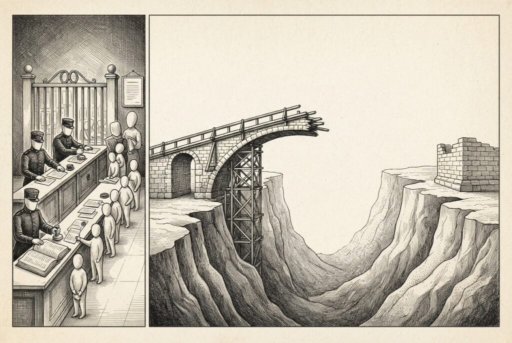 Pen-and-ink engraving of a complete customs checkpoint with stamped documents and sealed figures on one side of a gorge, and an unfinished stone bridge stopping in mid-air at the center of its span.