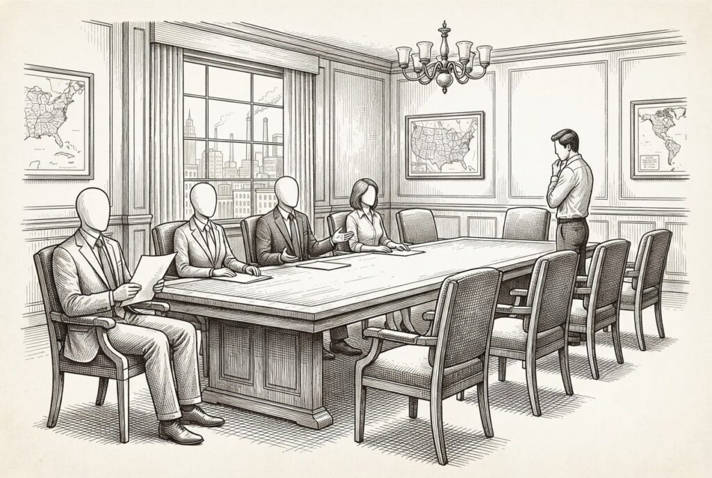 Meeting room with faceless figures (AI agents) seated at a conference table alongside empty chairs, with one human figure standing at the head looking toward the empty space - agents are present, but the adoption gap remains.