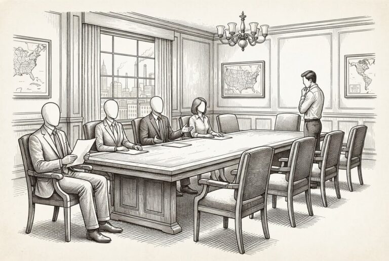 Meeting room with faceless figures (AI agents) seated at a conference table alongside empty chairs, with one human figure standing at the head looking toward the empty space - agents are present, but the adoption gap remains.