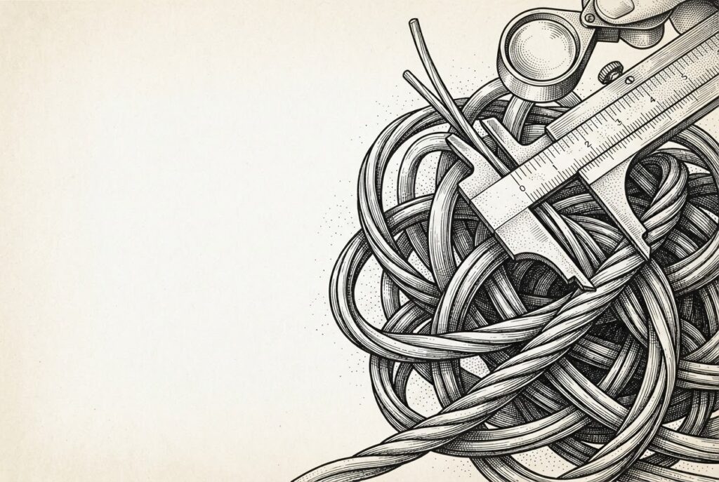 A monochrome engraving showing a set of antique brass diagnostic tools carefully examining a complex, tangled knot of glowing cables, representing the shift from agent execution to managed improvement.