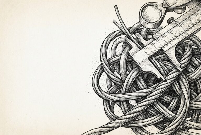 A monochrome engraving showing a set of antique brass diagnostic tools carefully examining a complex, tangled knot of glowing cables, representing the shift from agent execution to managed improvement.