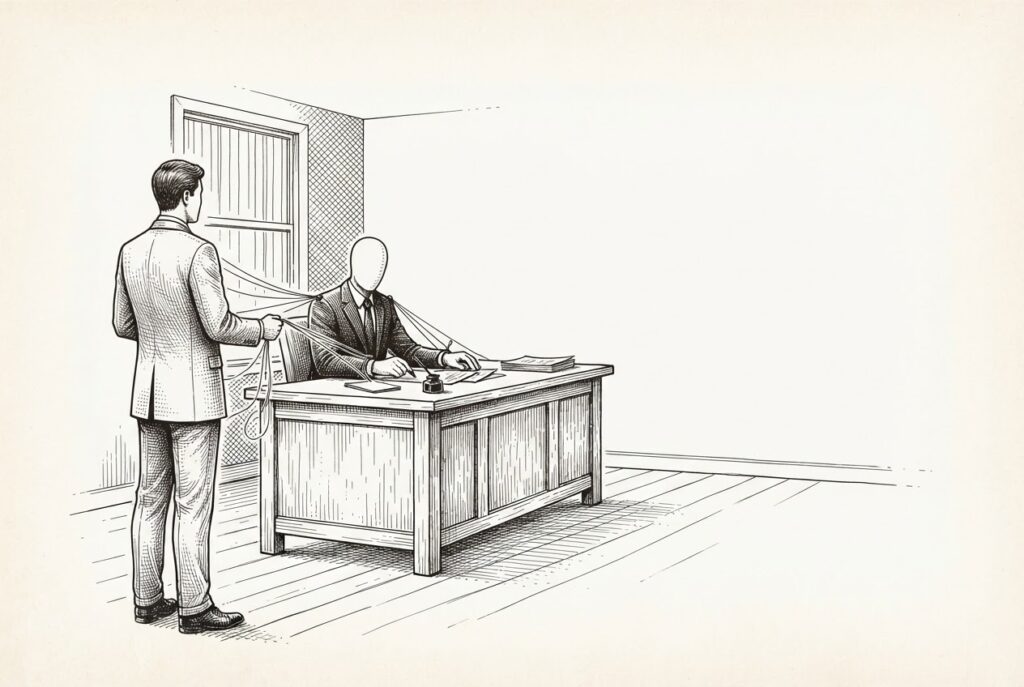 Faceless figure in business attire seated at a desk, working with fine threads extending from its wrists and shoulders to a standing human figure who holds the threads calmly — the agent works, but its authority is bounded by external controls it cannot override