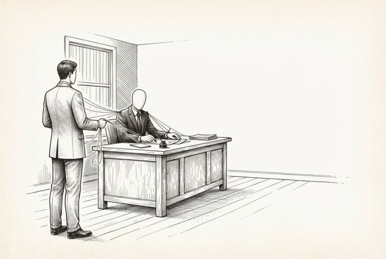 Faceless figure in business attire seated at a desk, working with fine threads extending from its wrists and shoulders to a standing human figure who holds the threads calmly — the agent works, but its authority is bounded by external controls it cannot override