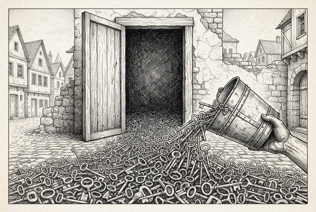 Monochrome engraving showing a massive wooden door frame with its doors open to a deep dark void, while in the foreground a flood of antique brass keys is being poured from a bucket onto cobblestones.