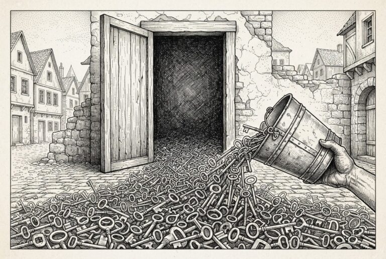 Monochrome engraving showing a massive wooden door frame with its doors open to a deep dark void, while in the foreground a flood of antique brass keys is being poured from a bucket onto cobblestones.