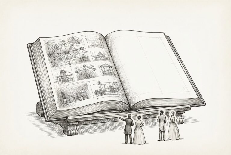 Monochrome engraving showing an open book on a reading stand, its left page densely filled with technical diagrams while the right page is blank with faint pencil guidelines. Small figures stand before the stand, some pointing at the written page, some staring at the empty one.