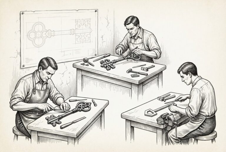 Monochrome engraving showing three separate workbenches, each occupied by a craftsman forging a distinct key - one ornate, one modern, one skeletal - while behind them on the wall, a detailed blueprint for a master key sits unfinished, its lines pale and waiting.
