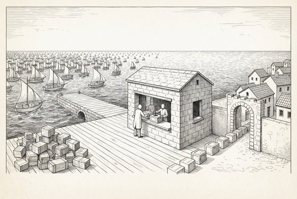 Monochrome engraving of a stone customs house on a pier: two inspectors stamp crates arriving from a sea crowded with tiny sailboats, stamped crates pass through a narrow gate into an orderly walled town, and unstamped crates sit in a pile left behind.