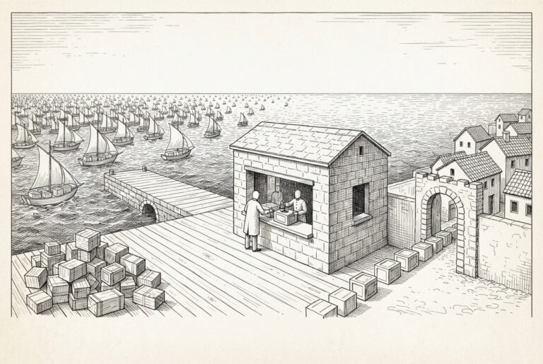 Monochrome engraving of a stone customs house on a pier: two inspectors stamp crates arriving from a sea crowded with tiny sailboats, stamped crates pass through a narrow gate into an orderly walled town, and unstamped crates sit in a pile left behind.