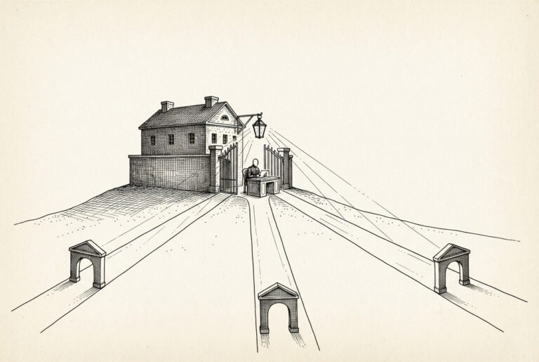 Monochrome engraving showing three separate roads converging at a single fortified customs house on a hilltop, each road entering from a different direction through a small archway, with a faceless customs officer seated at a desk before the open gate, examining a document under a large lantern whose light casts rays down all three roads.