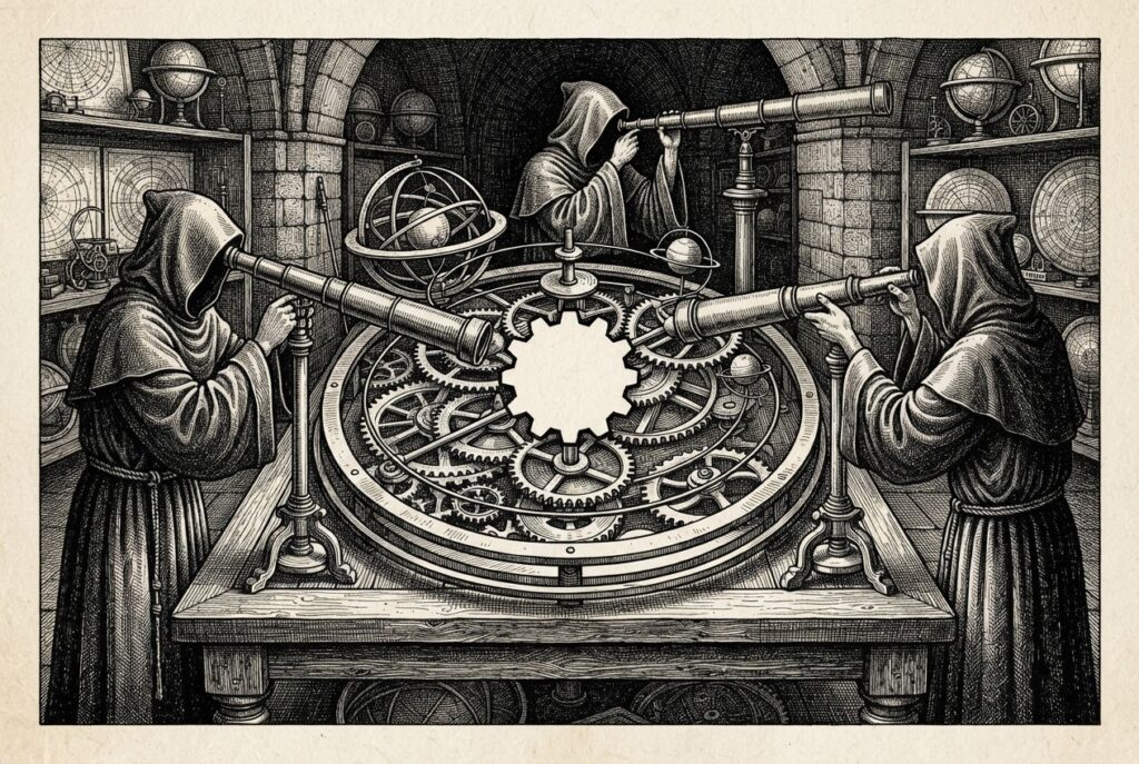 Monochrome engraving of an antique orrery with interlocking gears and a prominent empty gear socket at the center, three faceless observers at telescope stations around the mechanism.