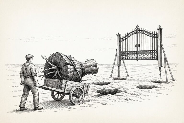Monochrome engraving of a bound severed tree root ball loaded on a wooden handcart pulled by a workman, while behind him a heavy wrought-iron gateway stands freestanding on wooden braces, with dark empty sockets gaping in the bare earth between the cart and the gate.