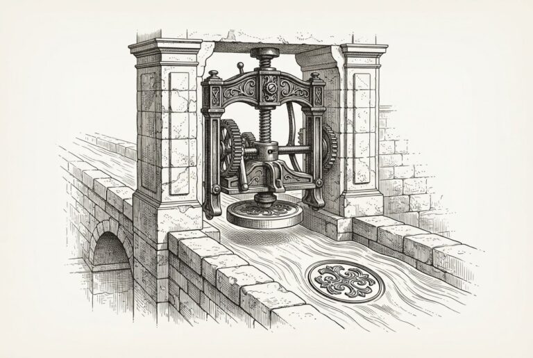 Monochrome engraving of an ornate iron seal-press positioned as a gatehouse over a stone aqueduct, with the flowing water carrying a deep seal mark on its surface as it passes downstream.