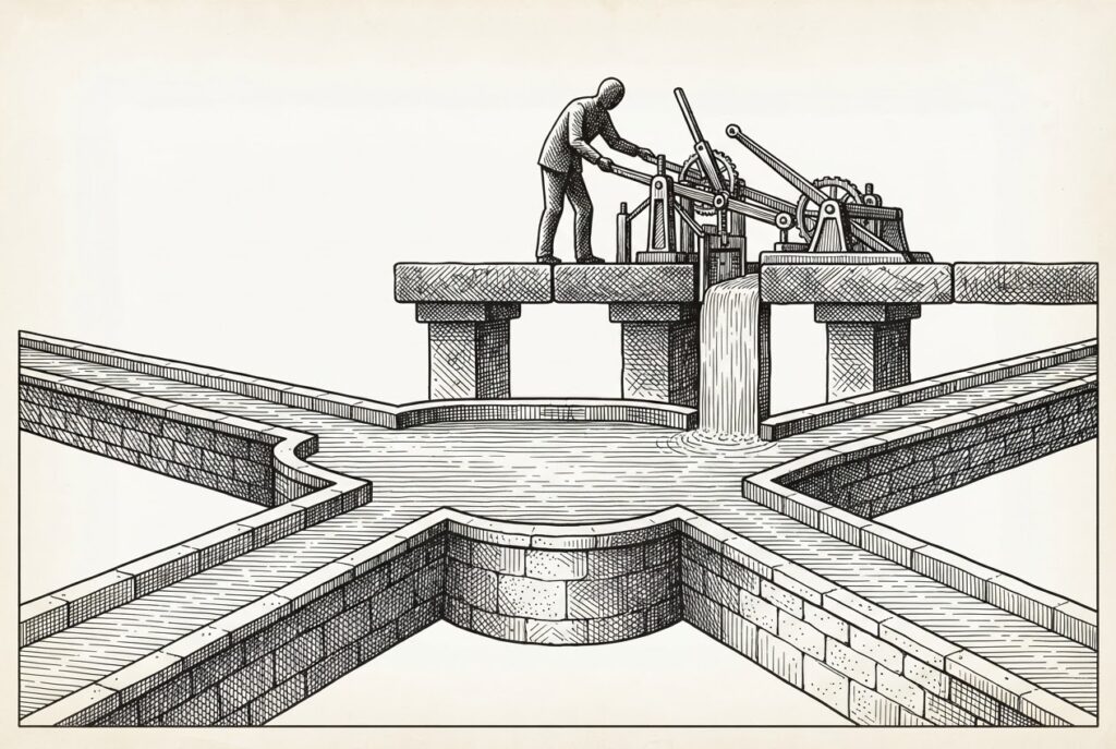 Monochrome engraving of multiple stone aqueducts converging into a single shared reservoir basin, with an elevated platform holding a faceless figure operating levers and gates above the uniform water level.