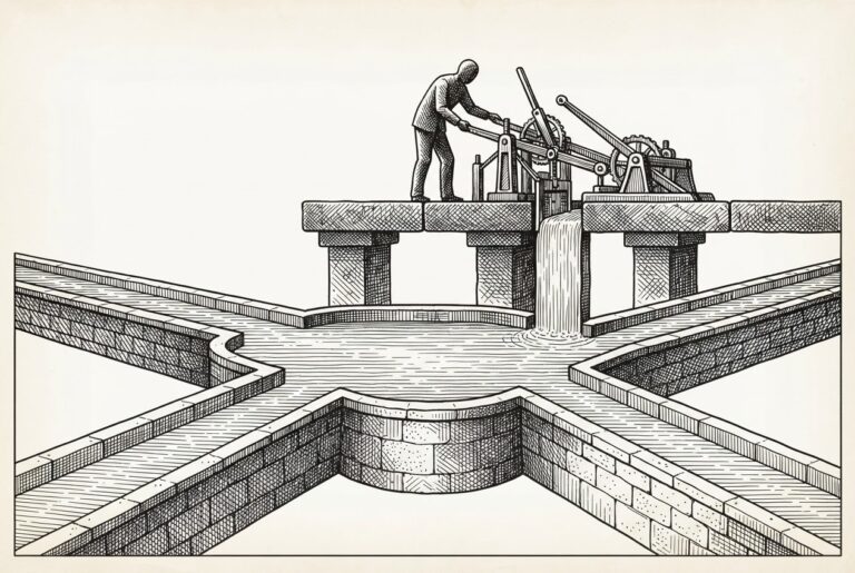 Monochrome engraving of multiple stone aqueducts converging into a single shared reservoir basin, with an elevated platform holding a faceless figure operating levers and gates above the uniform water level.