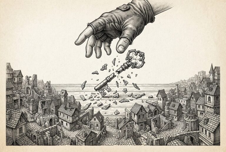 Engraved illustration of an ornate skeleton key, cracked and dropped on a bare surface, fragments of its decorative handle scattered outward across a landscape of varied small structures, with an empty gloved hand at the top of the frame releasing the key.