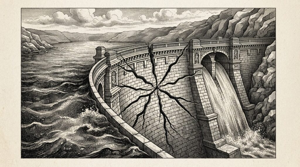 A conceptual engraving of a dam cracking under pressure with seven fracture lines radiating from the same structural fault, representing the enterprise authentication stack failing under the volume of agent-mediated vulnerabilities.