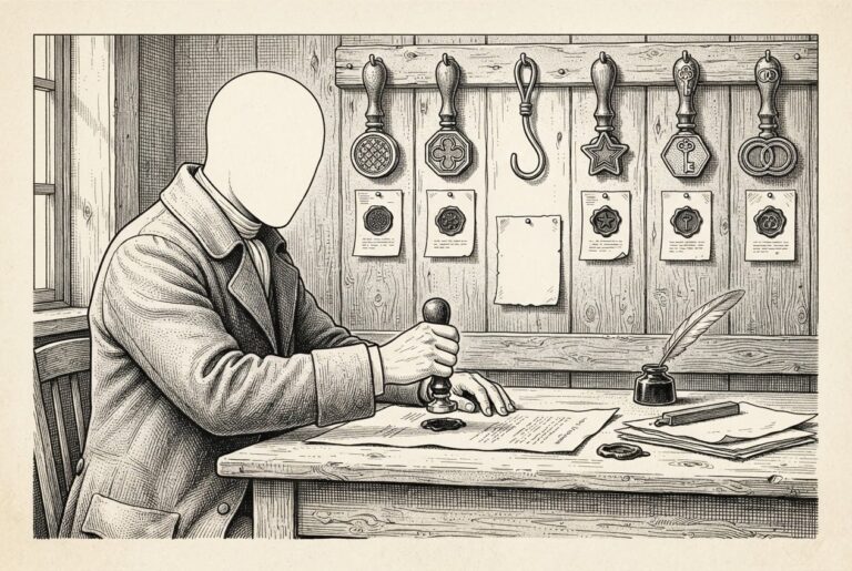 Monochrome engraving of a faceless figure pressing a wax seal at a desk, with multiple differently-shaped seal presses on the wall behind and a prominent empty hook where the standard should be.