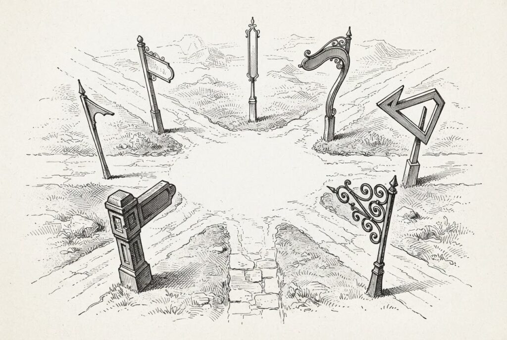 Monochrome engraving of six ornately-shaped signposts diverging outward from a central crossroads, with a conspicuous empty circular space at the center where a destination marker should be but has not been built.