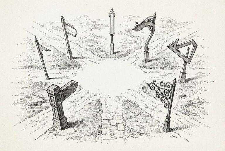 Monochrome engraving of six ornately-shaped signposts diverging outward from a central crossroads, with a conspicuous empty circular space at the center where a destination marker should be but has not been built.