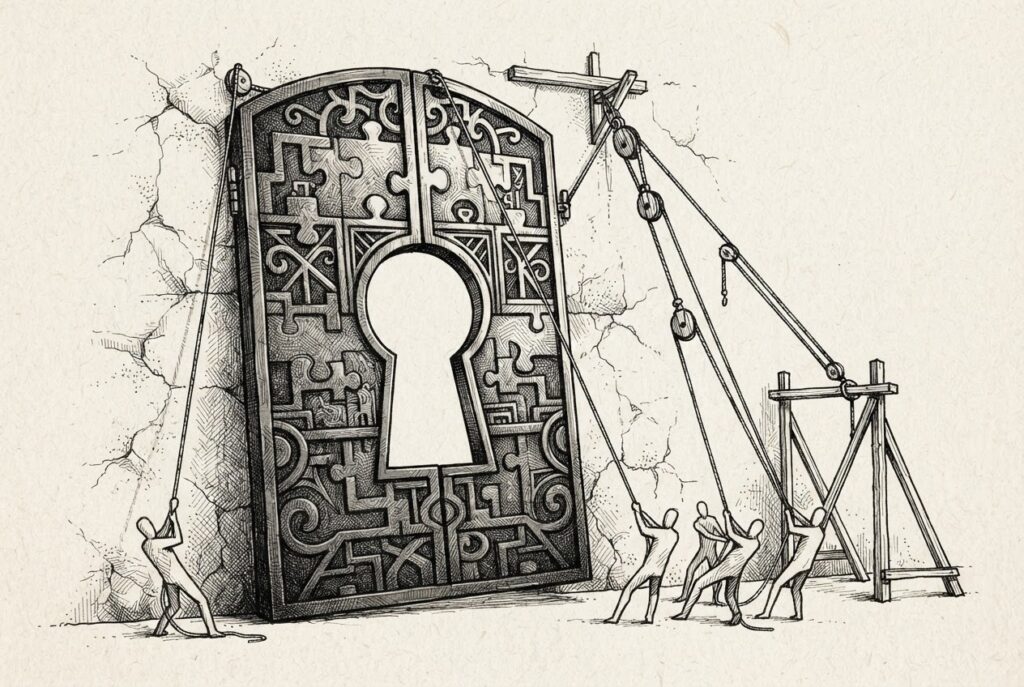 Conceptual engraving of an oversized ornate gate with a keyhole aperture being installed into a wall by tiny faceless workmen, with empty space visible through the keyhole.