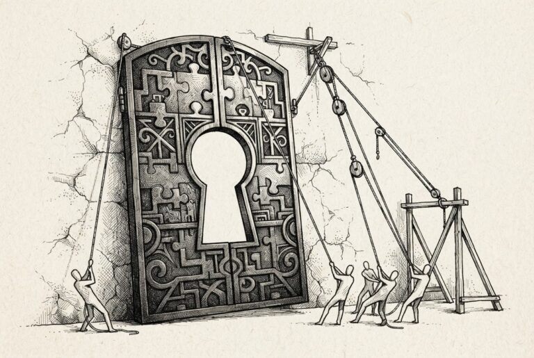 Conceptual engraving of an oversized ornate gate with a keyhole aperture being installed into a wall by tiny faceless workmen, with empty space visible through the keyhole.