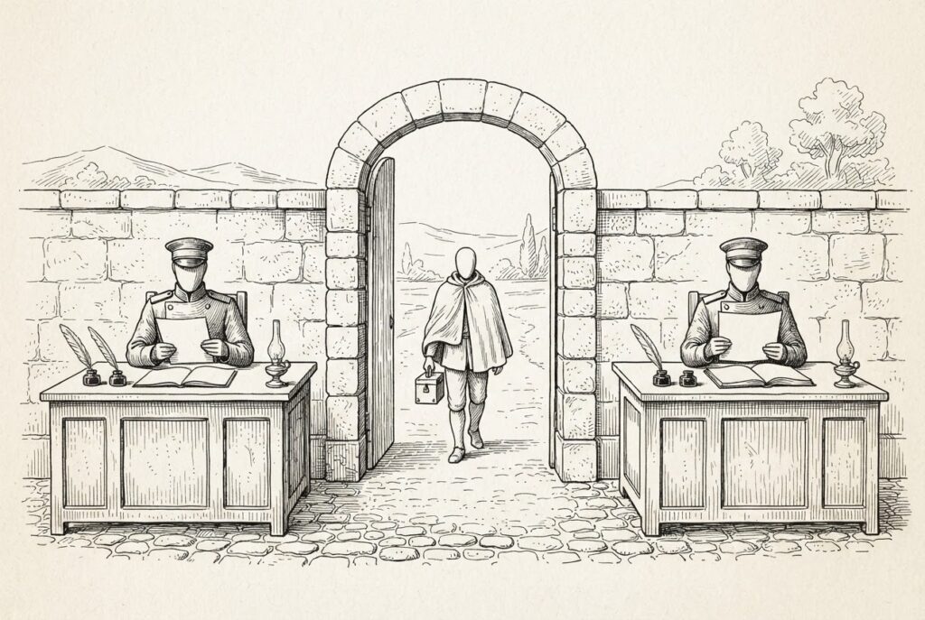 Hand-drawn engraving of two checkpoint desks with clerks inspecting blank papers beside a stone wall, and between them a wide-open unguarded archway where a faceless traveler walks through carrying a locked box.