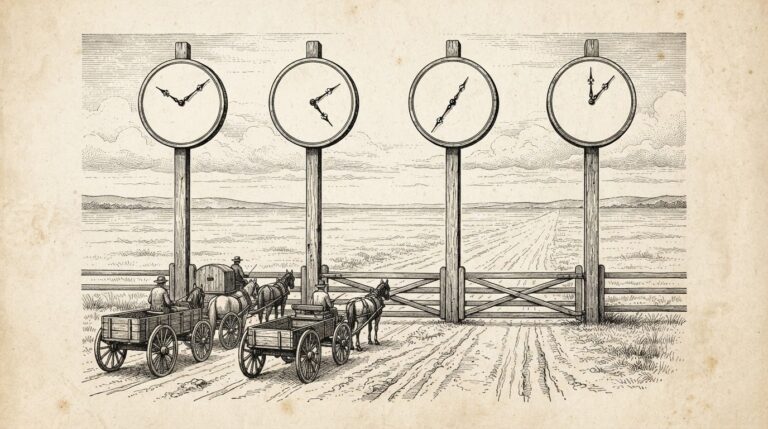 Pen-and-ink engraving of four blank clock faces showing different times mounted above a low gate blocking an open road, with small carts waiting at the gate and the road beyond running free to the horizon
