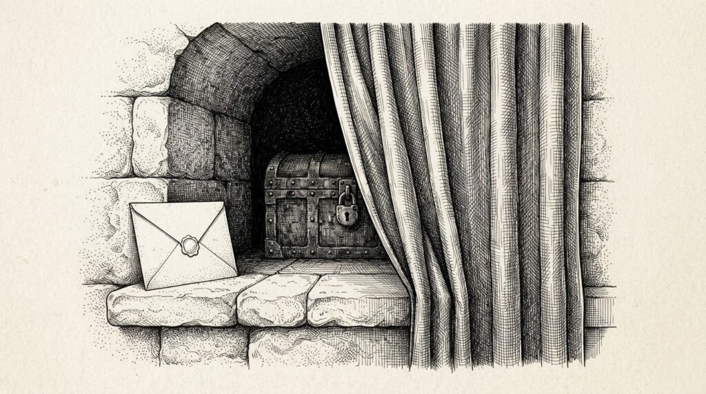 Monochrome pen-and-ink engraving of a heavy woven curtain drawn across a stone alcove; behind it a locked iron chest in shadow that never crosses the curtain's edge, while one sealed letter with a completely blank face stands on the lit stone sill outside.