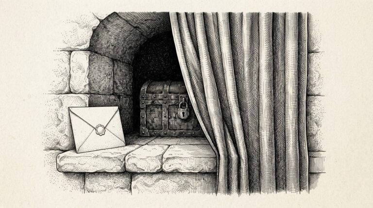 Monochrome pen-and-ink engraving of a heavy woven curtain drawn across a stone alcove; behind it a locked iron chest in shadow that never crosses the curtain's edge, while one sealed letter with a completely blank face stands on the lit stone sill outside.