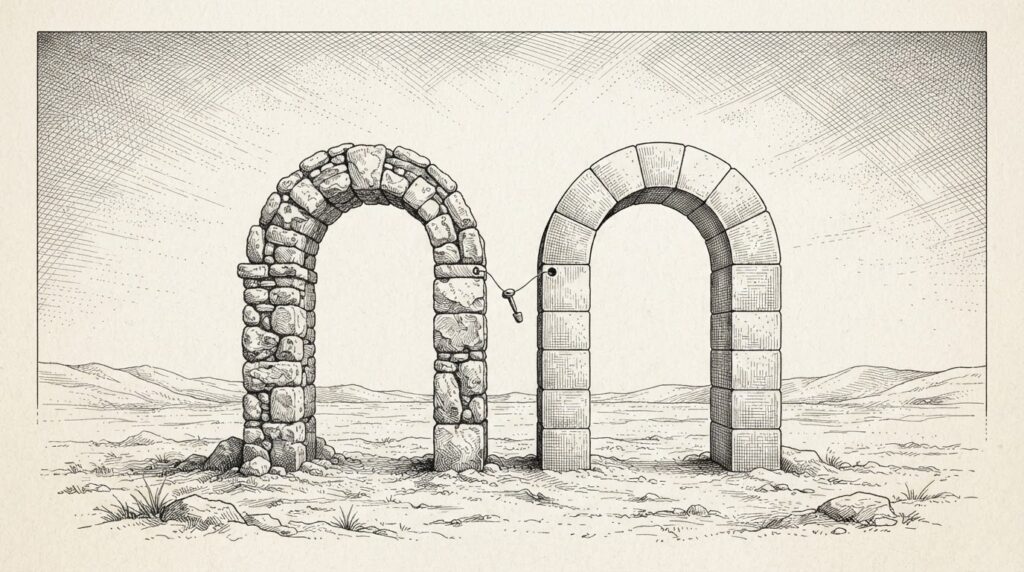 Monochrome pen-and-ink engraving of two ancient stone arches of different masonry standing alone in an empty plain, joined at their inner edges by one small removable pin that hangs slightly lifted free of its hole.