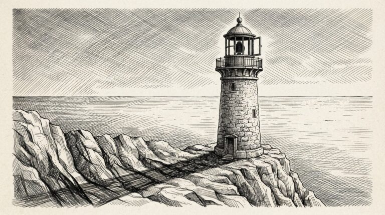 Monochrome pen-and-ink engraving of a tall stone lighthouse on a rocky cliff above an empty sea, its lamp room door open and the lamp conspicuously missing, with wide cross-hatched sky and calm hatched water filling the frame.