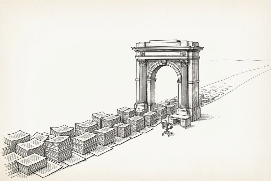 An ornate checkpoint gate standing over a road of stacked paper documents, with papers queued on the near side and bare, empty land beyond the gate, beside an empty clerk's chair.
