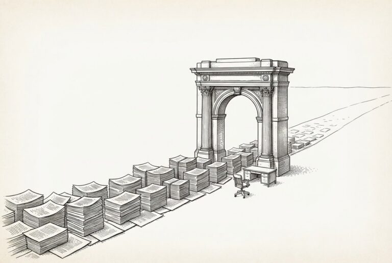An ornate checkpoint gate standing over a road of stacked paper documents, with papers queued on the near side and bare, empty land beyond the gate, beside an empty clerk's chair.