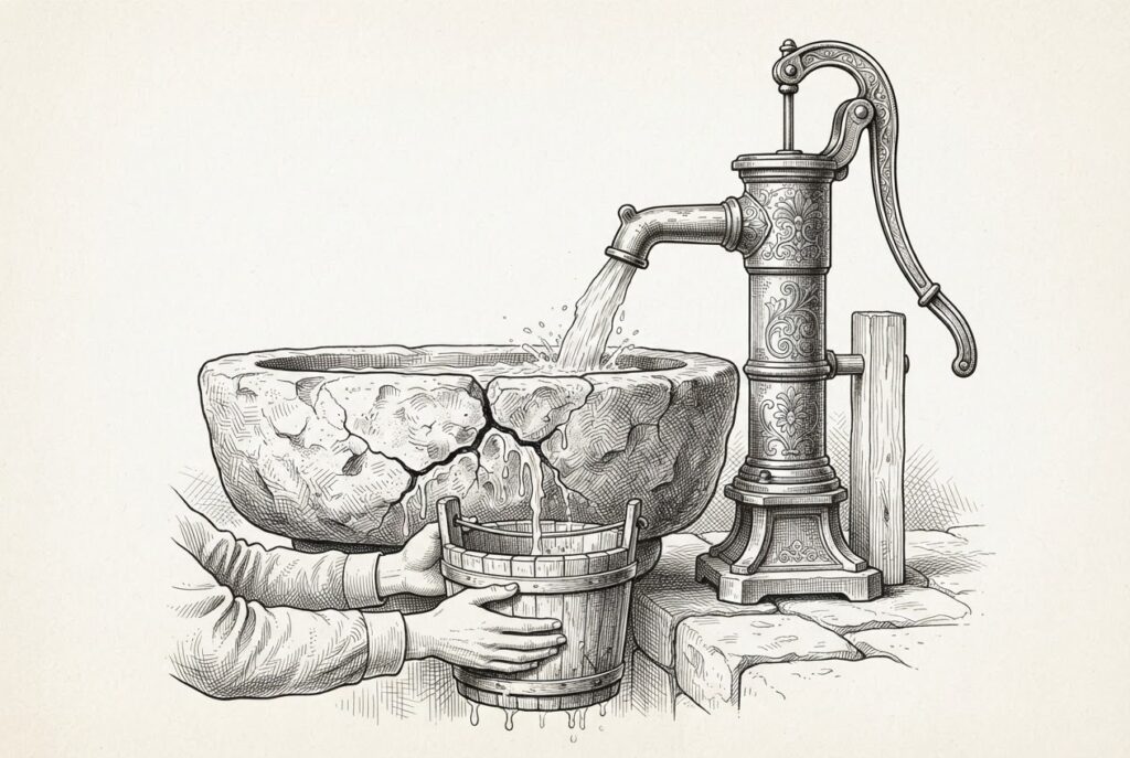 An ornate antique water pump flowing into a cracked stone basin, with water leaking through fissures into a wooden bucket held by faceless human hands below.