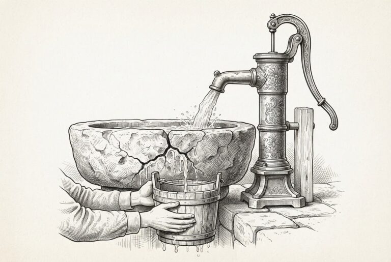 An ornate antique water pump flowing into a cracked stone basin, with water leaking through fissures into a wooden bucket held by faceless human hands below.