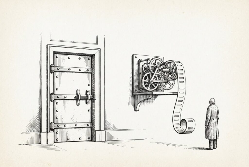 A monochrome pen-and-ink engraving of a heavy bolted door with no handle sealed in a plain panel, beside a wall-mounted clockwork mechanism whose engaged gears pull a blank notched paper tape, while a small figure watches the tape.