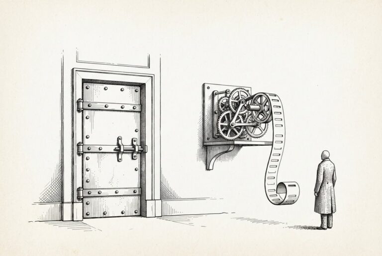A monochrome pen-and-ink engraving of a heavy bolted door with no handle sealed in a plain panel, beside a wall-mounted clockwork mechanism whose engaged gears pull a blank notched paper tape, while a small figure watches the tape.